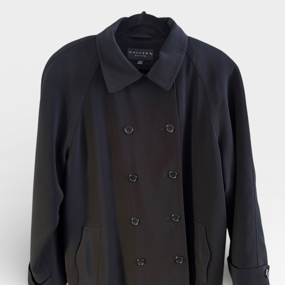Vintage Gallery Long Black Classic Double Breasted Capsule Trench Coat Size 16P - Picture 8 of 11